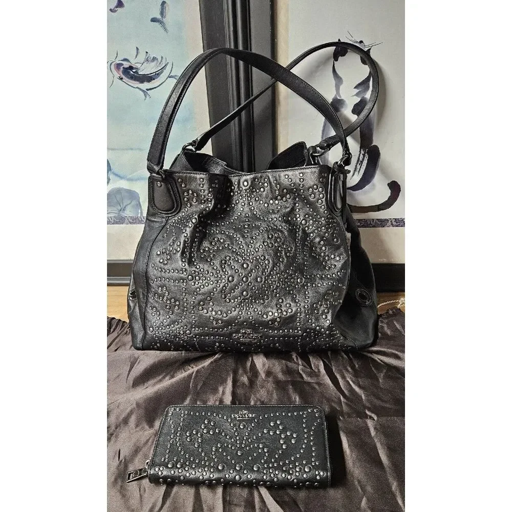 2pcs Coach Limited Edition 2014 HOBO leather black RIVET handbag +matched wallet